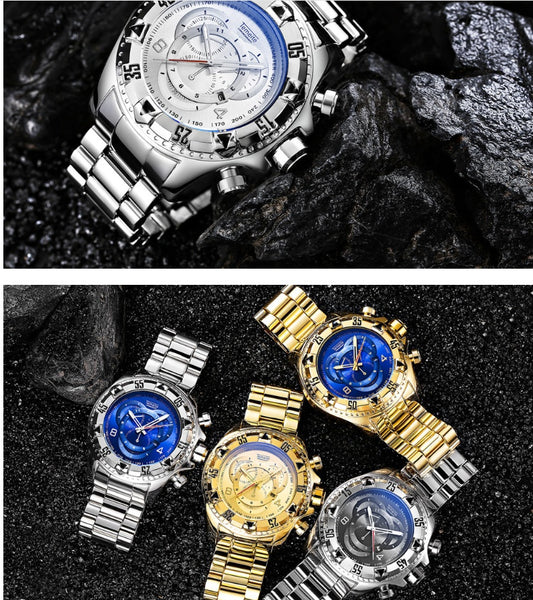 Explosion models watch men's fake three-eye luminous large dial steel belt sports men's watch
