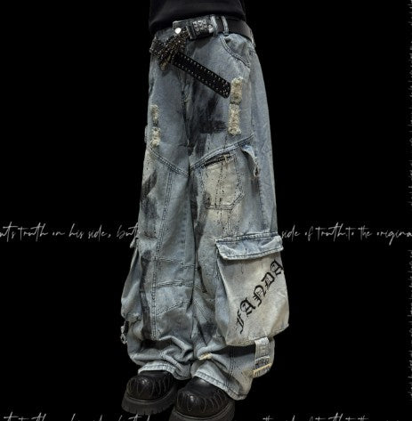 Multi-Pocket Graffiti Splatter Streetwear Ripped Wide-Leg Denim Jeans