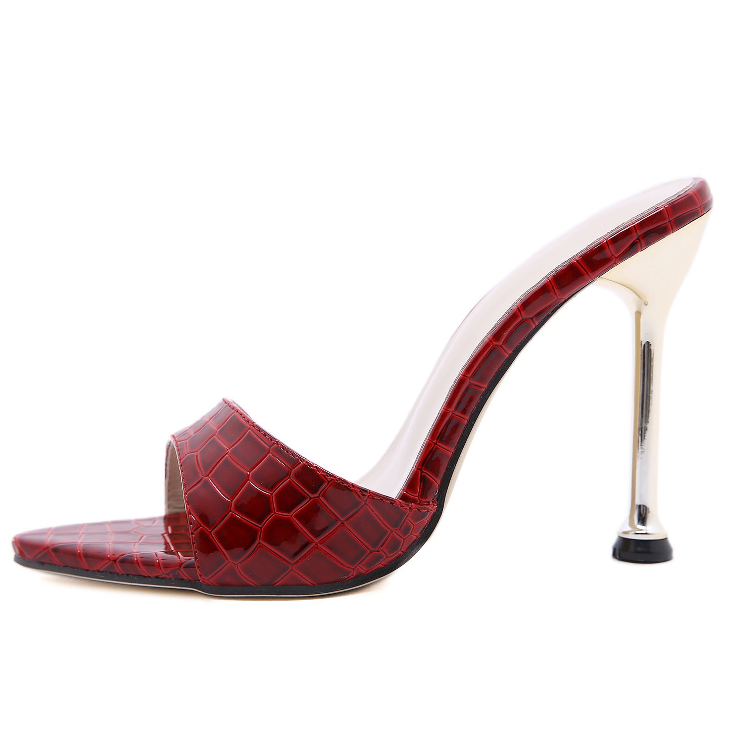 Super High Heel Metal Pointed Fish Mouth Snake Print Sandals