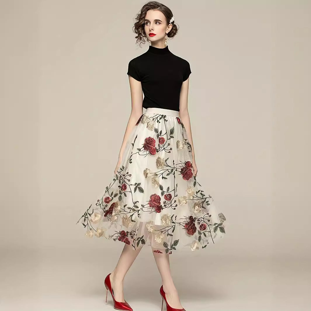 Women's Vintage High-waisted Embroidered Peony Midi Skirt