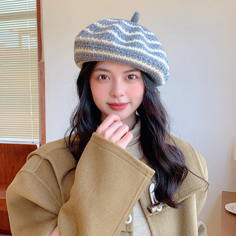 New Women's All-match Knitted Wool Striped Beret To Keep Warm