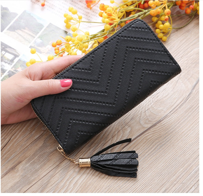 New women's wallet single pull fringed bag long zipper student bag clutch bag