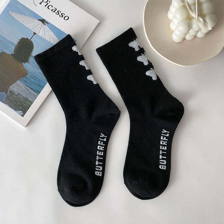 Butterfly Women's Tube Socks Hot Style Black And White Cartoon