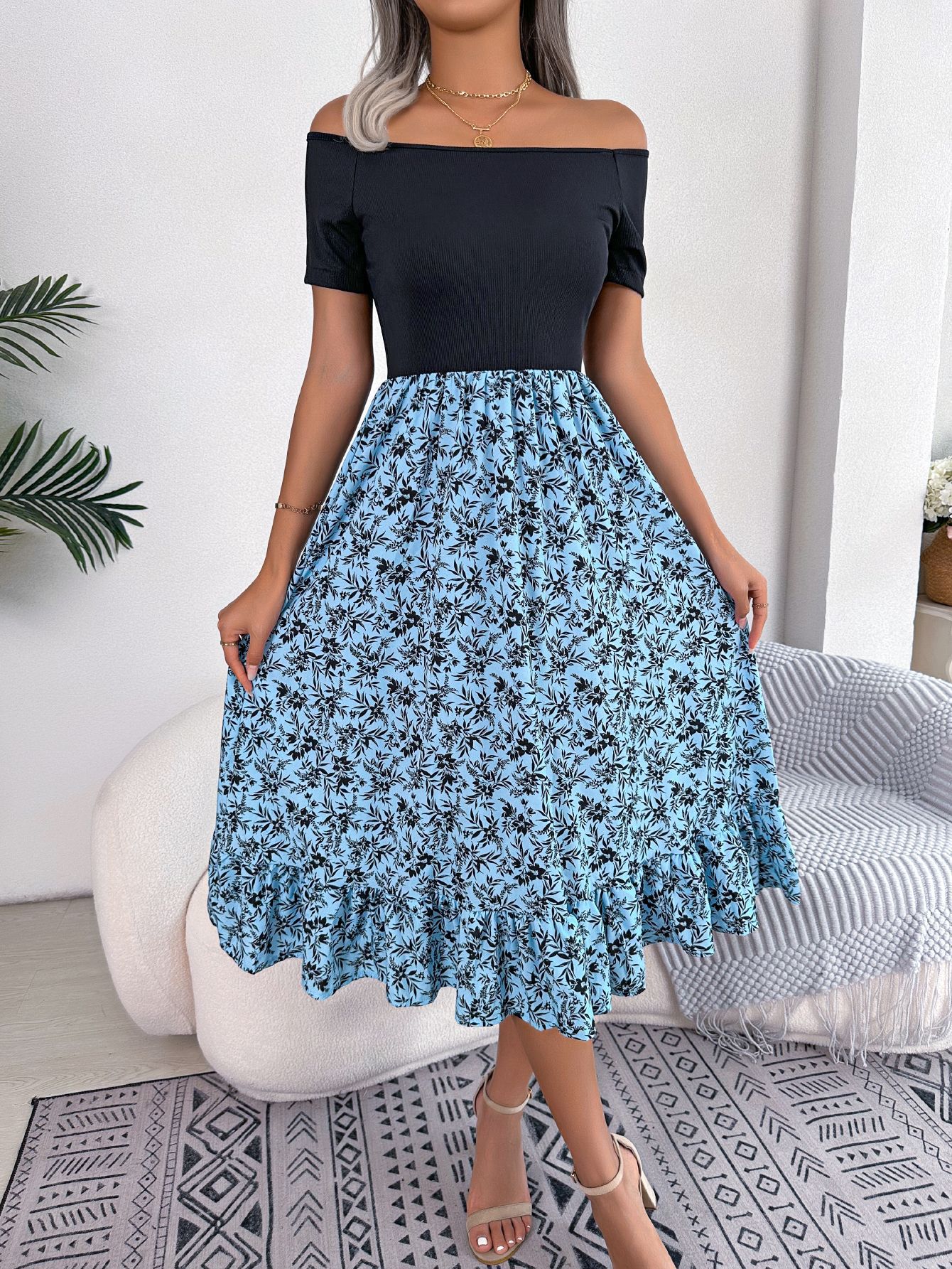 Women  Casual Off Shoulder Floral Print Ruffle Midi Dress