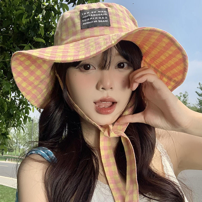 Tie-neck Plaid Bucket Hat Women's Summer Japanese Retro