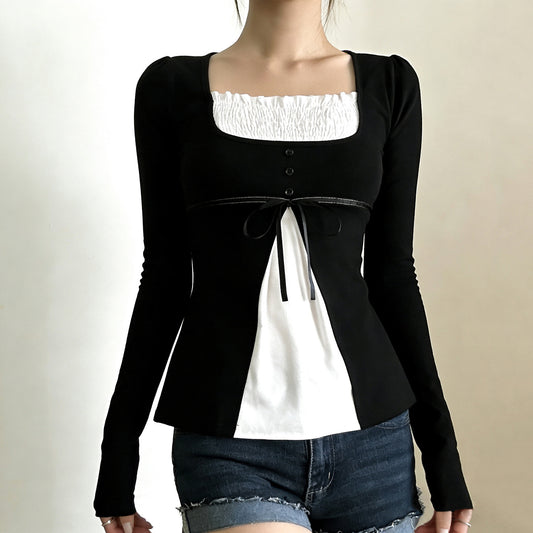 Sweet And Fresh Contrasting Color Patchwork Fake Two-Piece Slim-Fit Long-Sleeve T-Shirt
