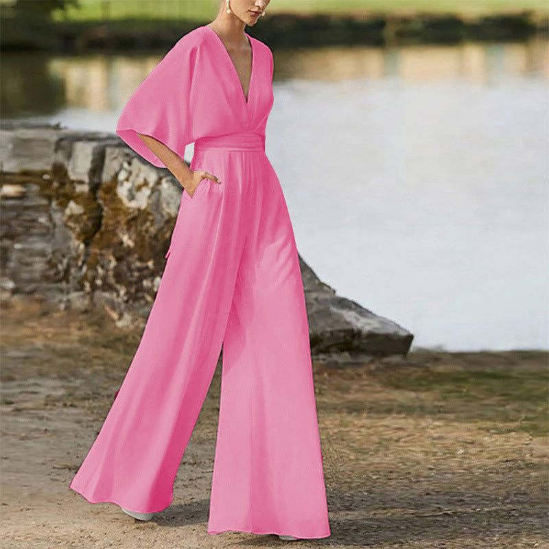 Women's Dress Jumpsuit Deep V High Waist Wide Legs
