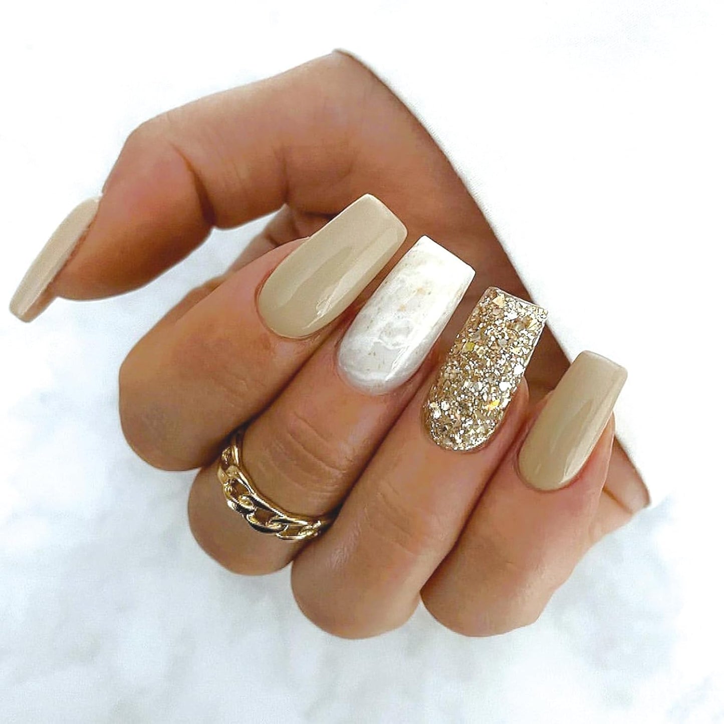 Press on Nails Medium Square Chrome Acrylic Glossy Glue on Artificial Squoval Aurora Pearl Flash Stick on False Nails with Design 24 Pcs