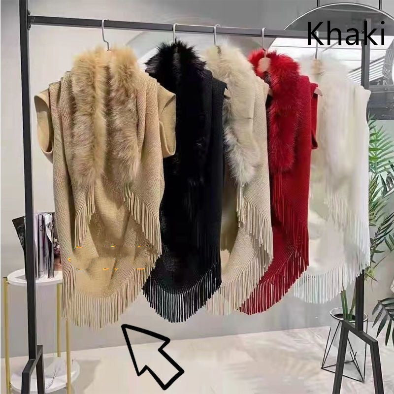 Knitted Shawl Fur Collar Jacket Autumn And Winter Large Size Loose Warm Cloak
