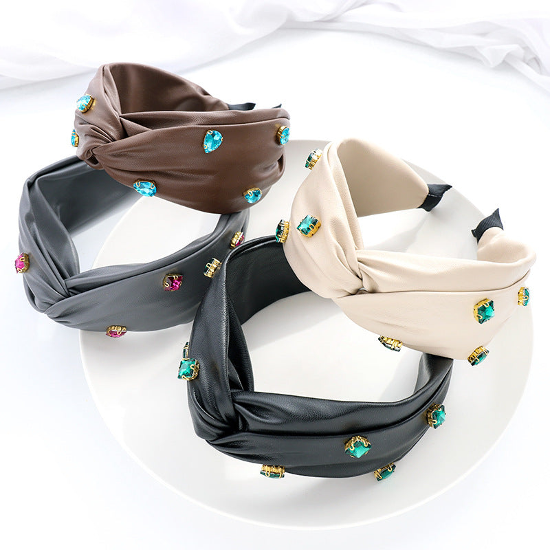 Leather Cross Knot Hairband Green Big Stone Headband Hair Accessories 23 orders