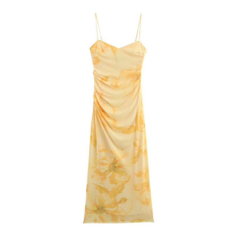 Mesh-printed Pleated Slim-fit Midi Dress