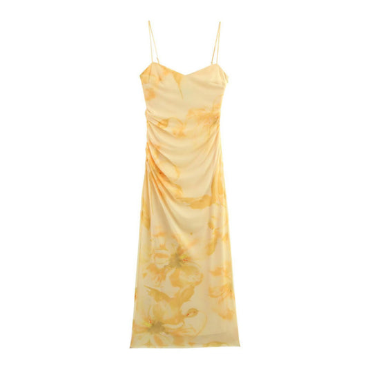 Mesh-printed Pleated Slim-fit Midi Dress