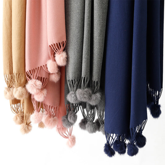 Ensfarvet kaninpels kugle cashmere tørklæde