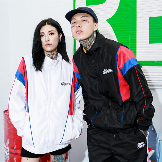 Windbreaker til mænd med kontrastfarvede syninger, tynd, trendy hiphop-jakke, herre-hiphop-jakke fra modemærke