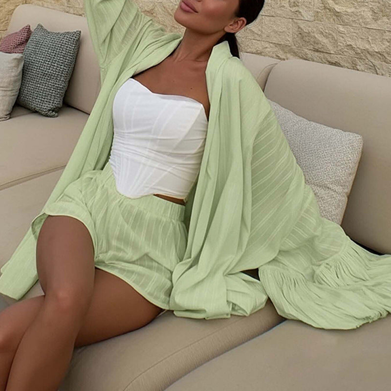 Womens Fashionable Long-Sleeve Casual Minimalist Shorts Set