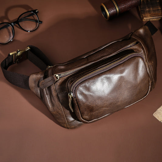 Simple Retro First-Layer Cowhide Mens Chest Bag
