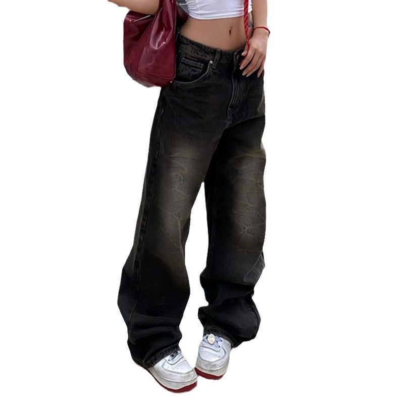 Vasket løse slim jeans med tekstur, slidt look og lav talje med lommer