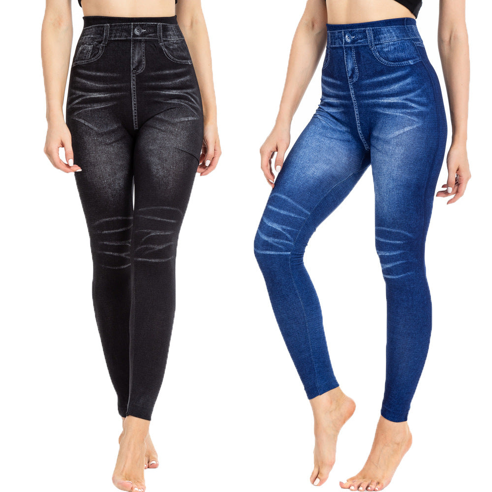 Womens Fashionable Pleated Printed Faux Denim Leggings