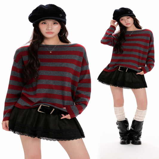 Women's Red Striped Long-Sleeved Knit Sweater