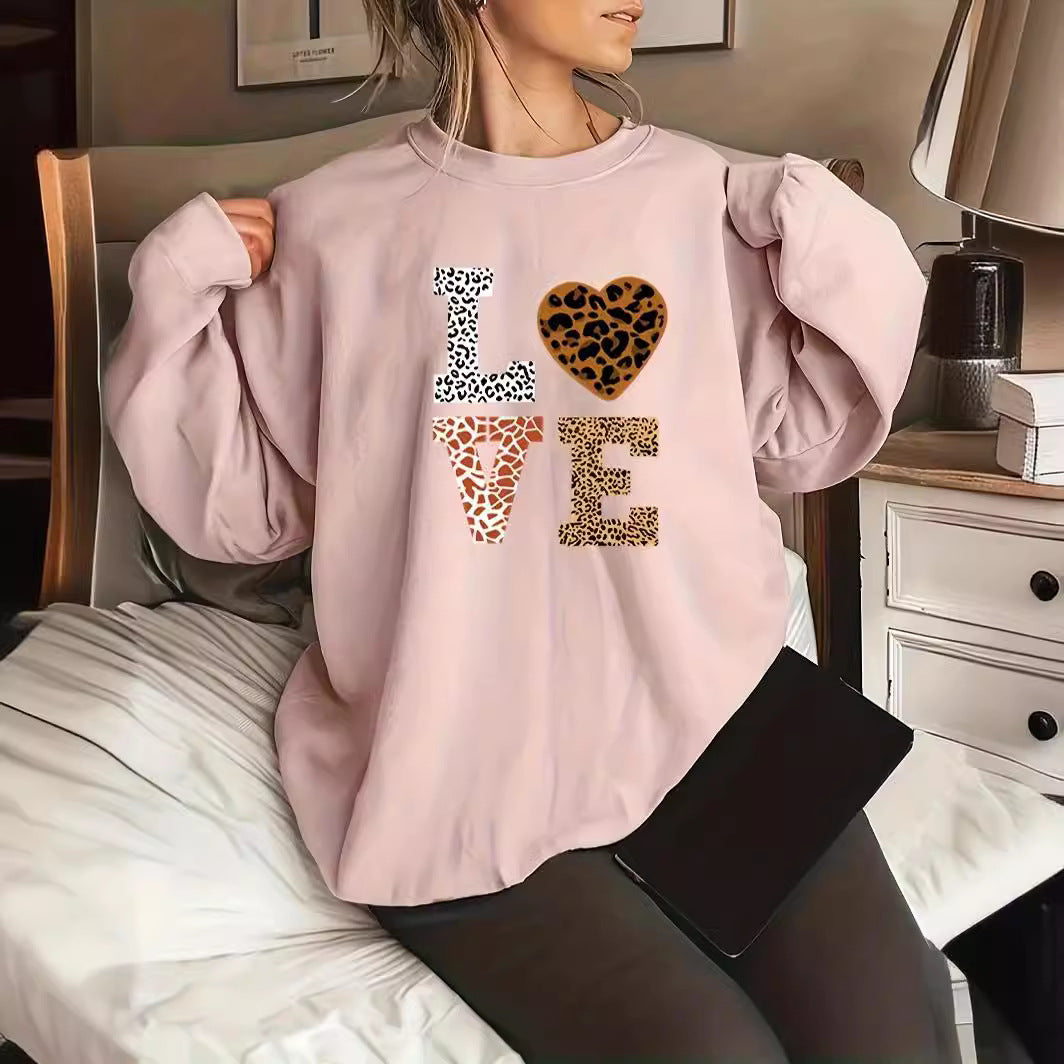 Rundhalset Leopardprint Kærlighed Plus Size Trøje Til Piger