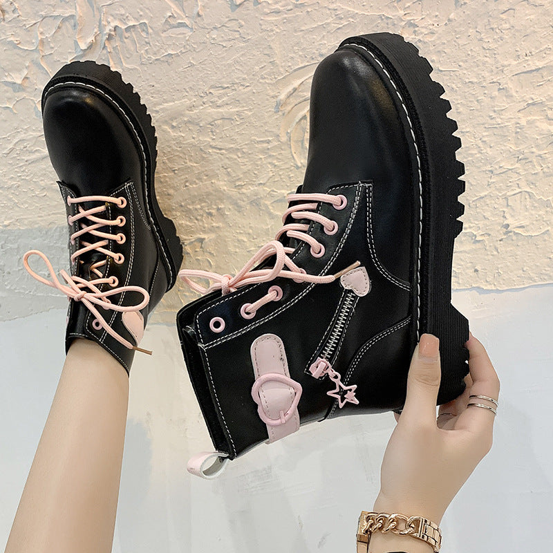 Lace-up British Boots Heart Zipper Black