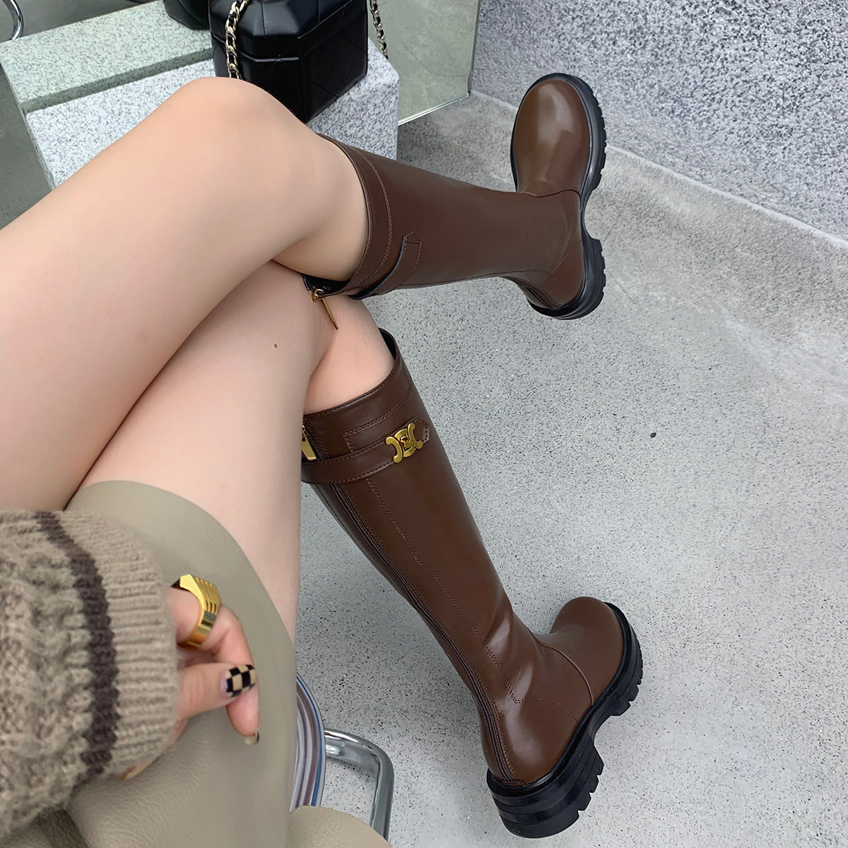 Gold Buckle Plus Velvet Thick Round Toe Thick-soled Thick Heel Long High Barrel Knight Boots