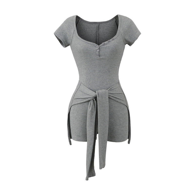 European And American Style Design Sense Peach Collar Waist Tied Jumpsuit
