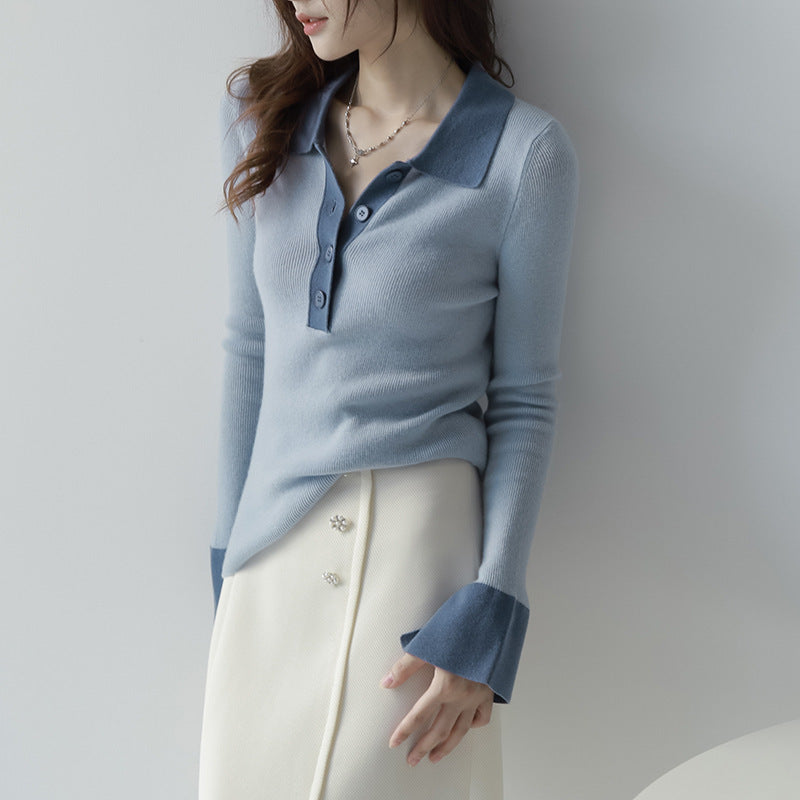 French Style Polo Collar Knitted Bottoming Shirt Long Sleeve Contrast Color Slim Fit Sweater
