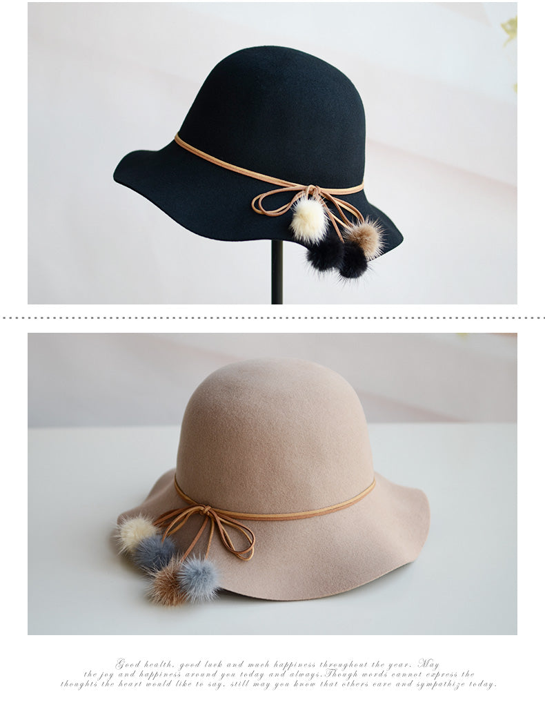 Woolen Warm Fisherman Hat Korean All-matching Basin Hat Lady Felt Cap Mink Fur Ball Billycock