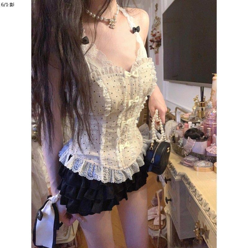 Lace Milk Tea-colored Polka-dot Top And Skirt Two-piece Set