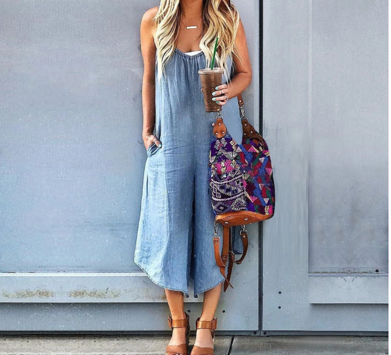 Suspender Jeans Loose Wide Leg Rompers