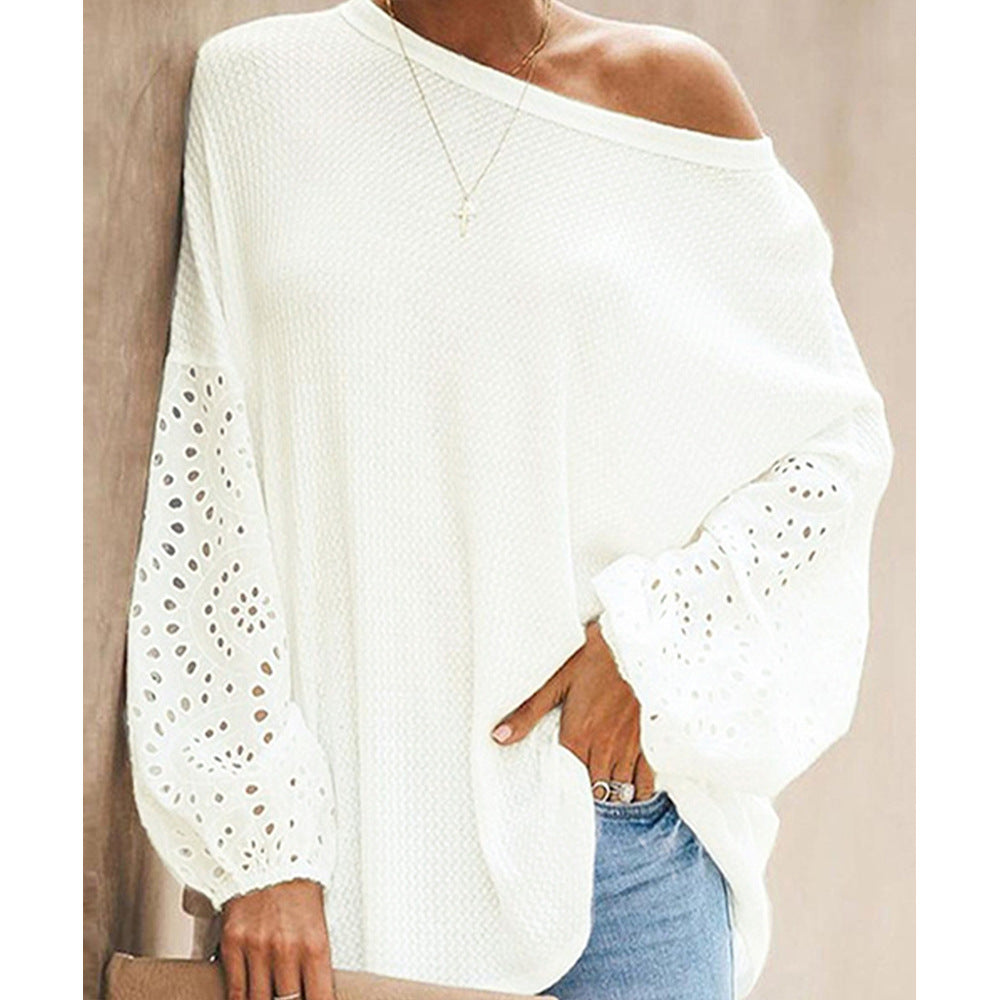 Europæisk og amerikansk løs, diagonal krave, udhulet langærmet off-shoulder top