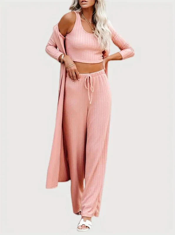 Plus Size Solid Color Cardigan Knitwear With Vest And Casual Pants Three-piece Set