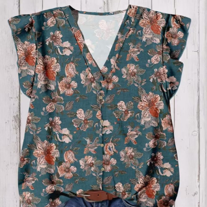 Retro Floral-print Ruffle Short-sleeve Shirt