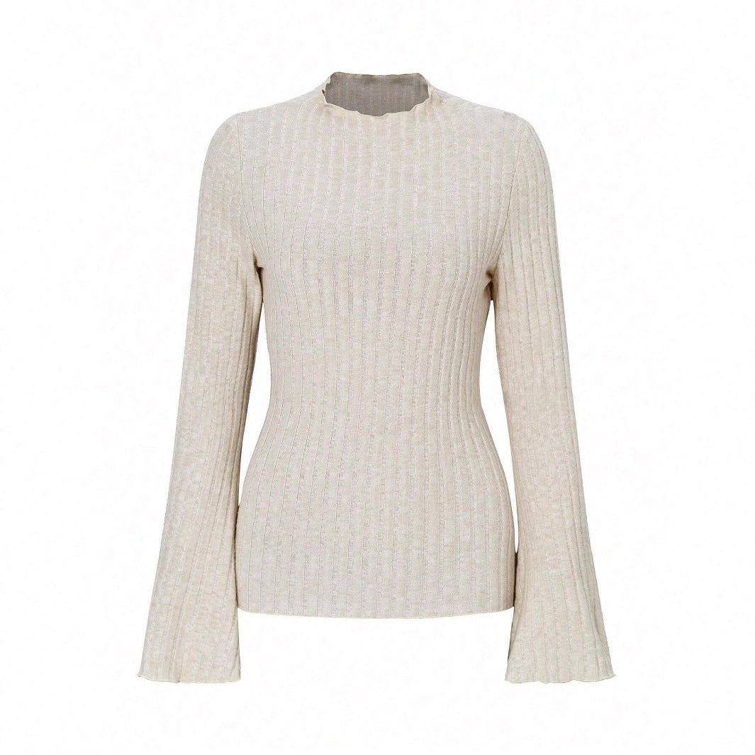 Long Sleeve Round Neck Brushed Sunken Stripe Solid Color Slim Fit Top