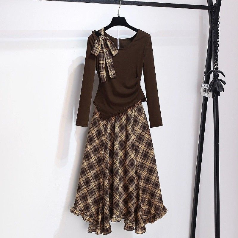 Irregular-shoulder Long-sleeve Top With A Plaid Skirt