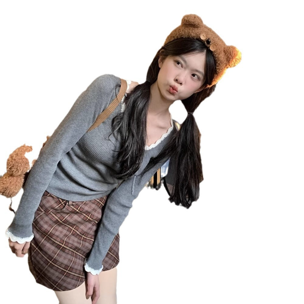 Women's Slim-fit Lace Up Bow U-neck Bottoming Shirt Top