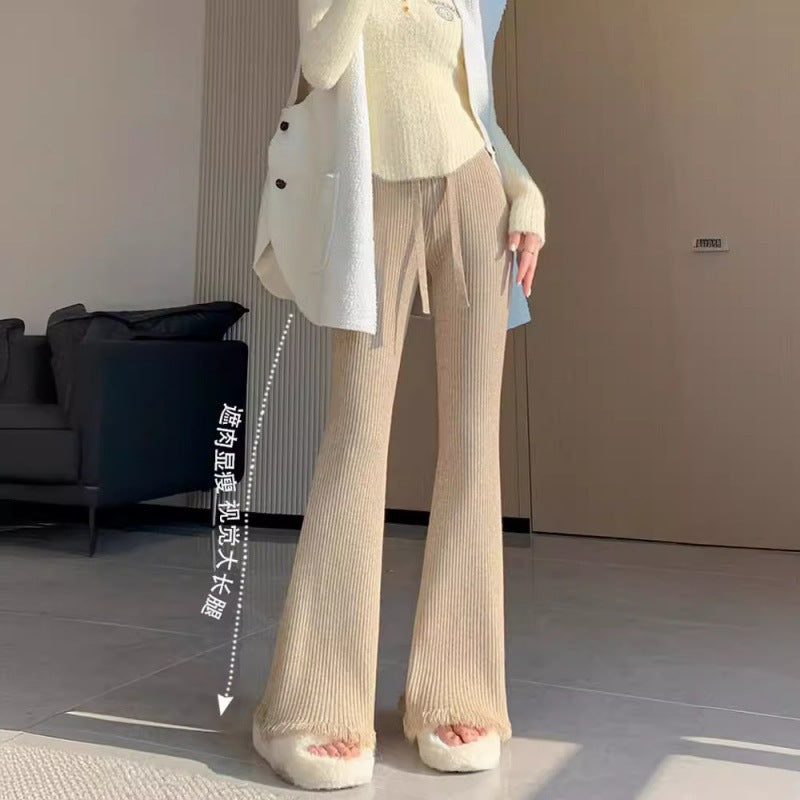 Womens Knitted Thickened High-Waist Straight-Leg Pants