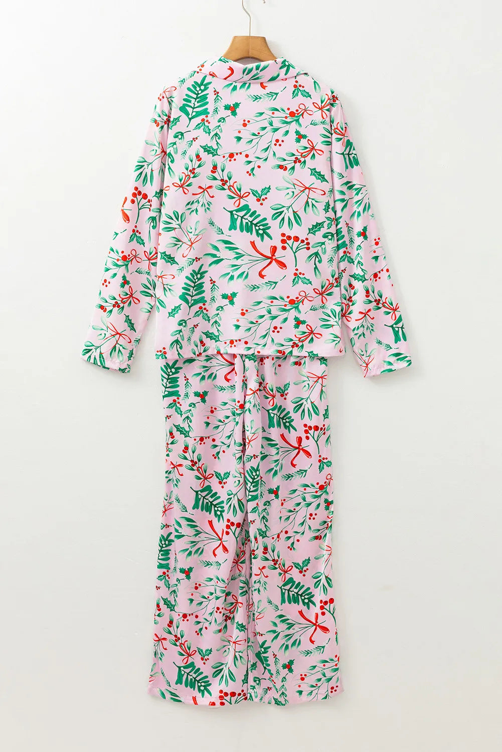 Julebær-planteprint pyjamas-sæt i satin med lange ærmer