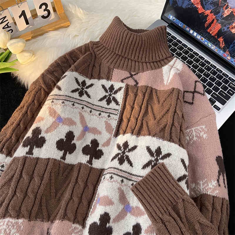Fleece-lined Thickened Turtleneck Retro Art Design Sweater Warm