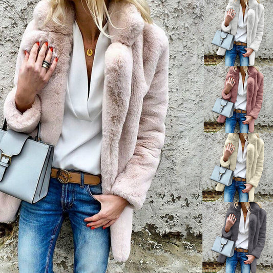 autumn and winter new style solid color long-sleeved lapel women's fluffy coat coat LG0050