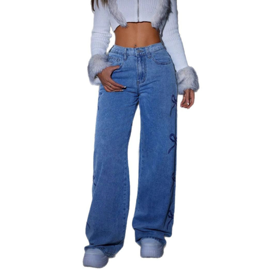 Printede lige-benede vide jeans