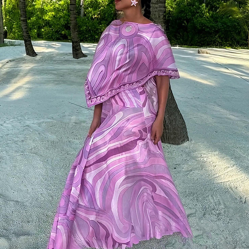 Womens Stylish Versatile Contrasting-Color Printed Irregular Long Skirt Set