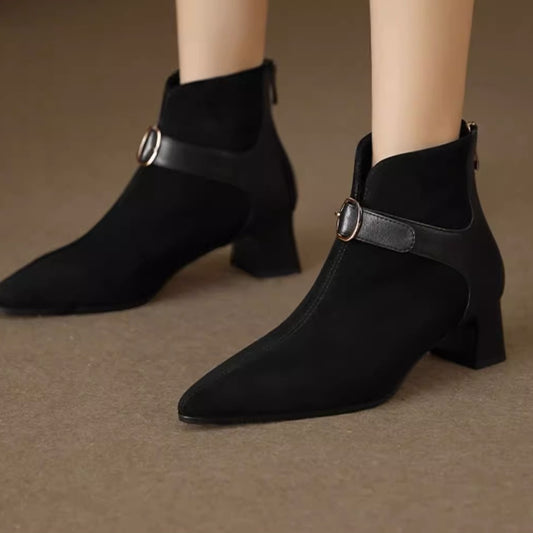 Pointed-toe Suede Belt-strap Mid-heel Ankle Boots