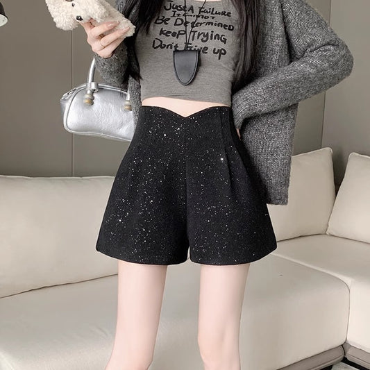 Black Shimmering Sequin Wool Shorts Autumnwinter With A High-end Aesthetic