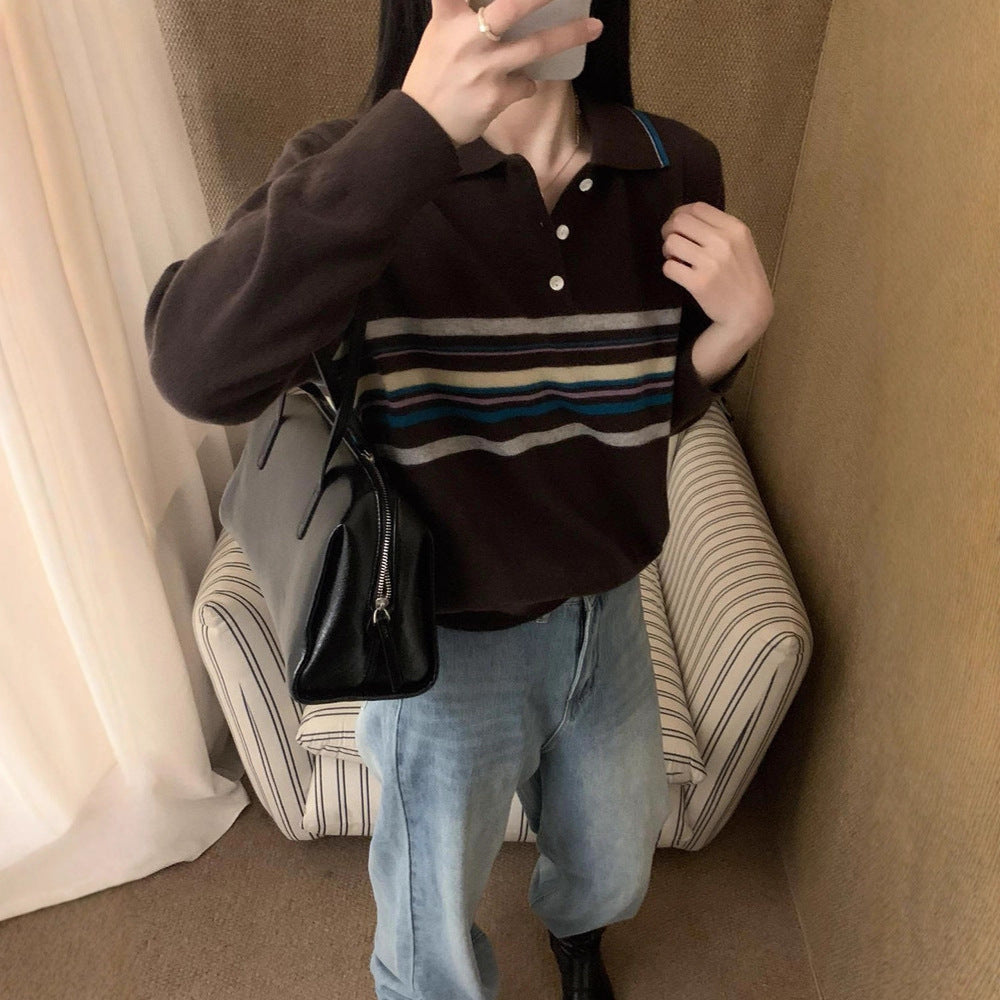 Striped Polo Collar Pullover Women's Loose Sweater