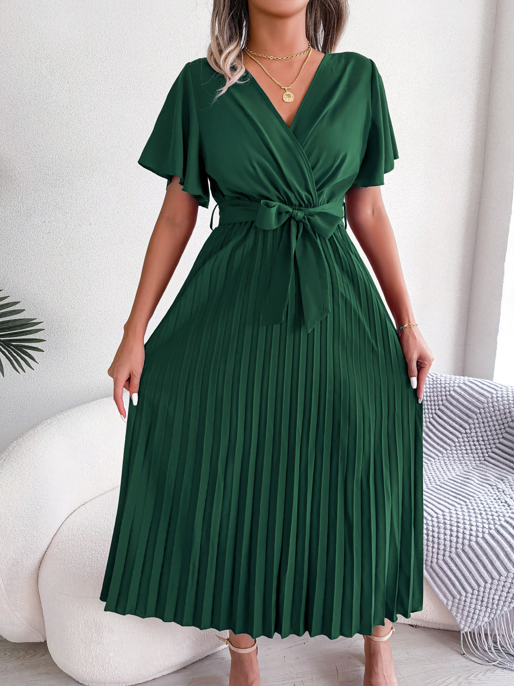 Women   Elegant Cross V Neck Flowy Pleated Maxi Dress