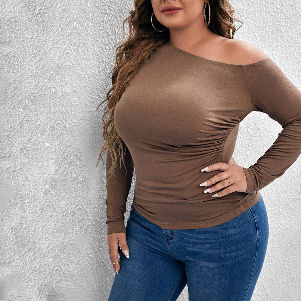 Dame Slim-fit Sexet Off-shoulder Strikket Top med Skrå Krave og Lange Ærmer
