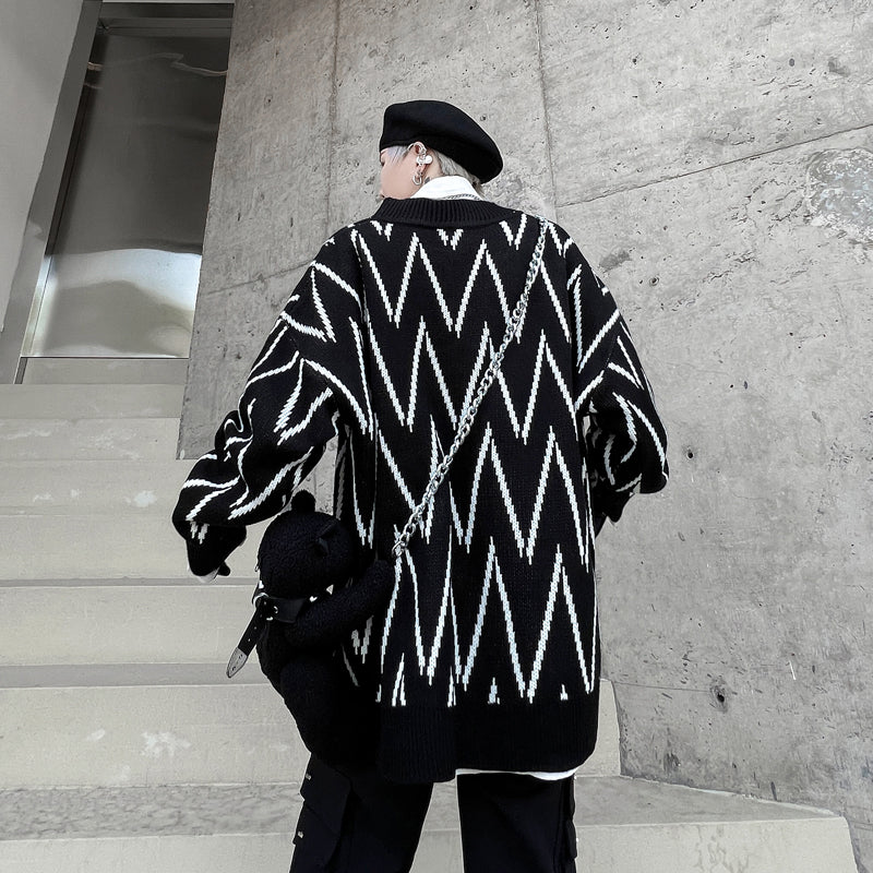 Geometric Pattern Jacquard Men's Oversized Knit Sweater