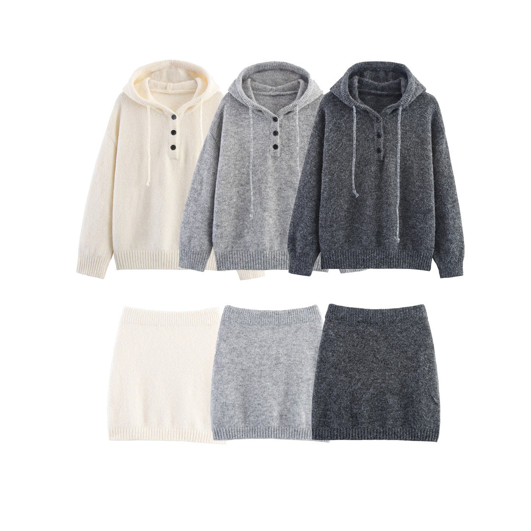 Autumn New Hooded Knitted Sweater Long Sleeve Pullover Short Mid-length Dress Set